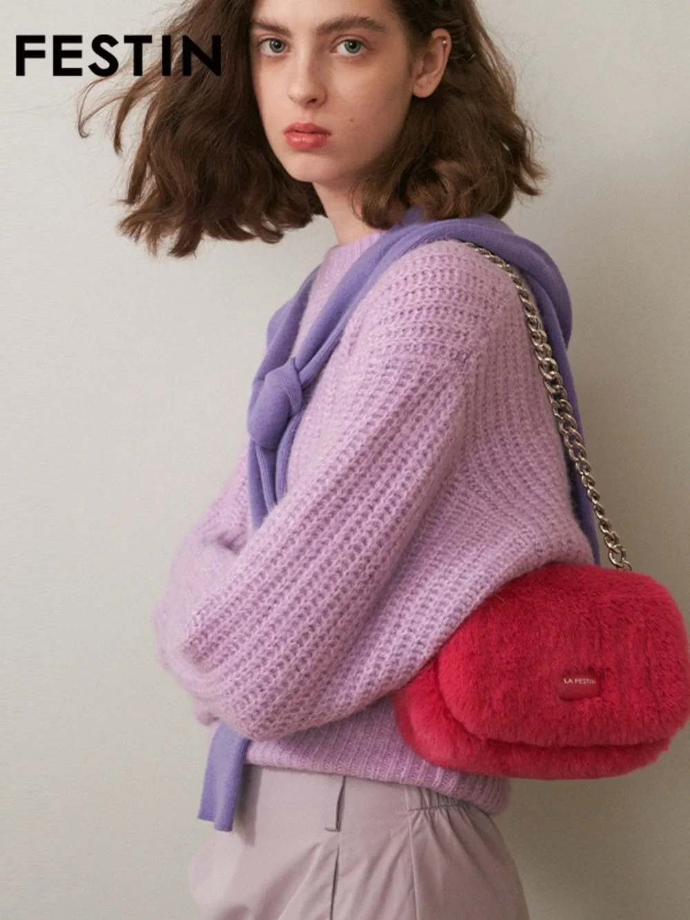 Hot Pink Faux Fur Chain Clutch